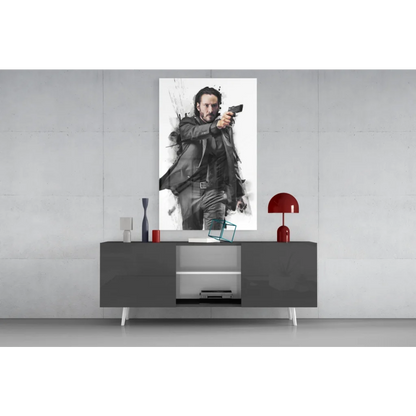 John Wick black-and-white watercolor wall art with gun and action effects