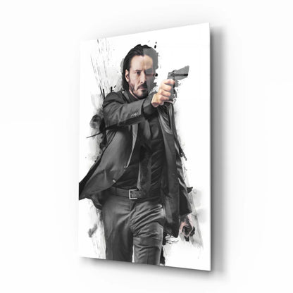 John Wick canvas wall art with Keanu Reeves holding pistol and dynamic splatter effects