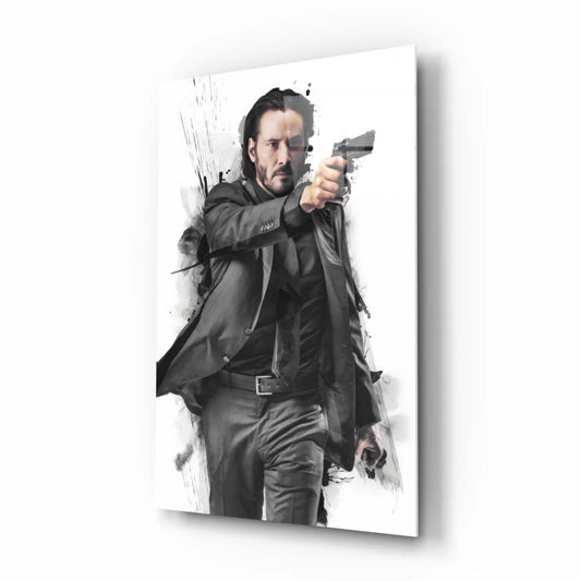 John Wick canvas wall art with Keanu Reeves holding pistol and dynamic splatter effects