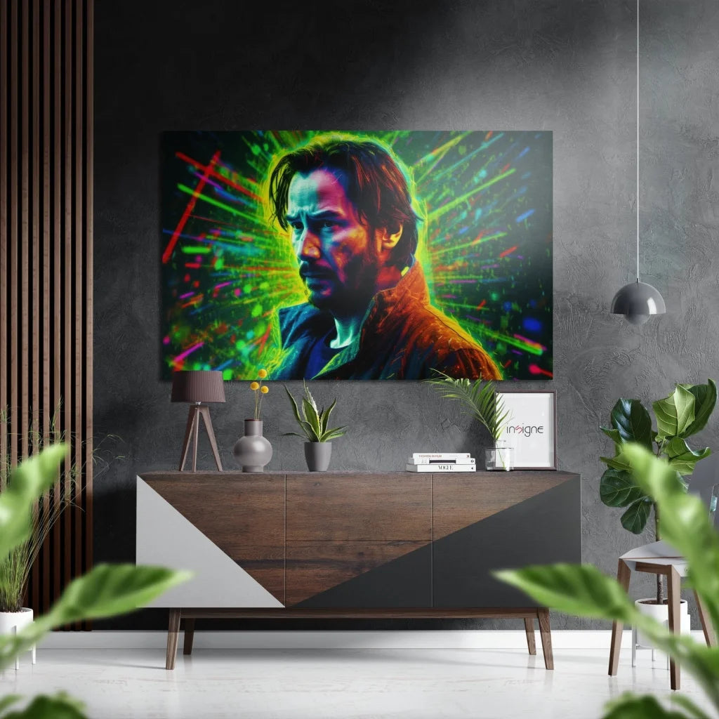 Stylized Keanu Reeves neon portrait on brushed aluminium dibond