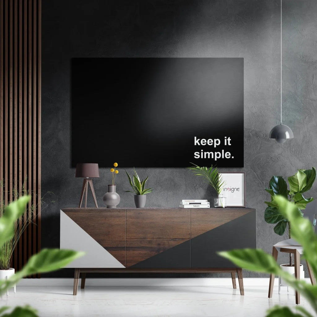Keep it simple brushed aluminium dibond wall art in black rectangle