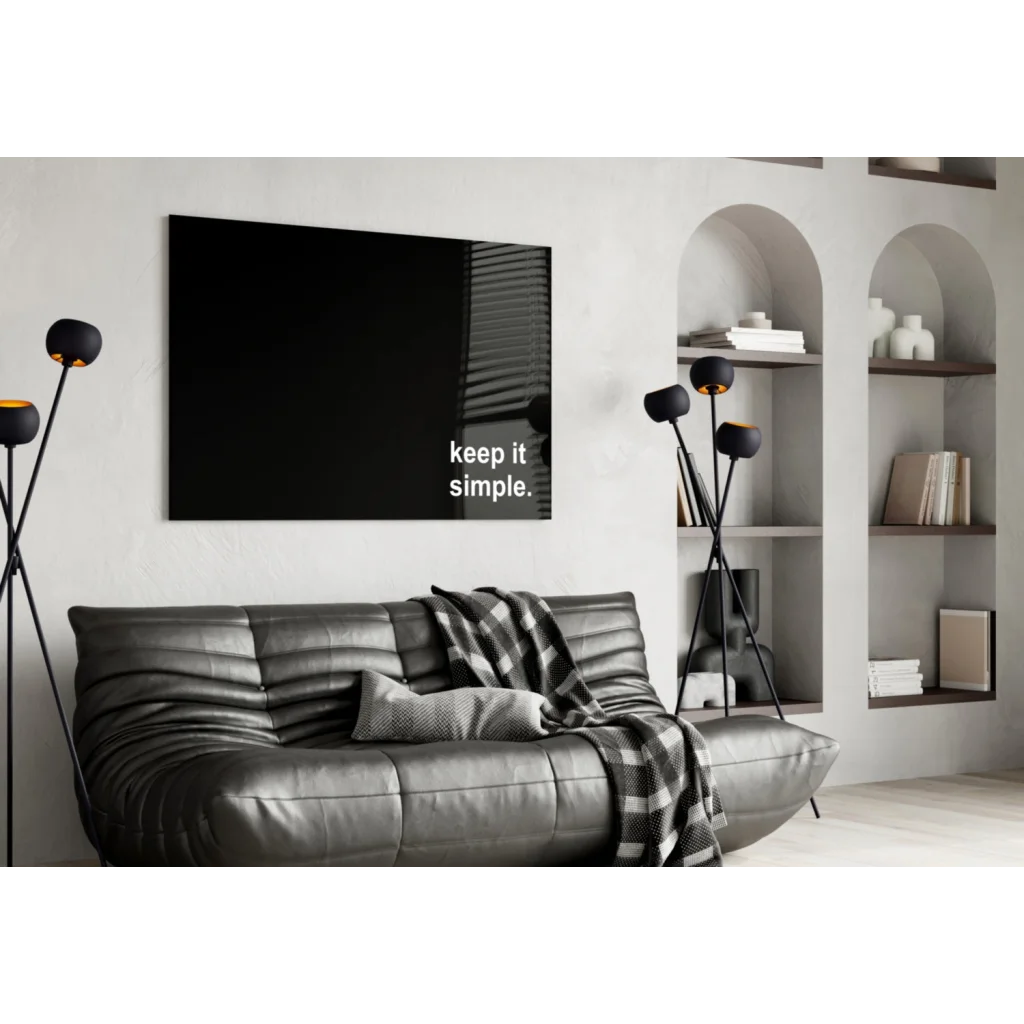 Black glass wall art with Keep It Simple text for modern homes