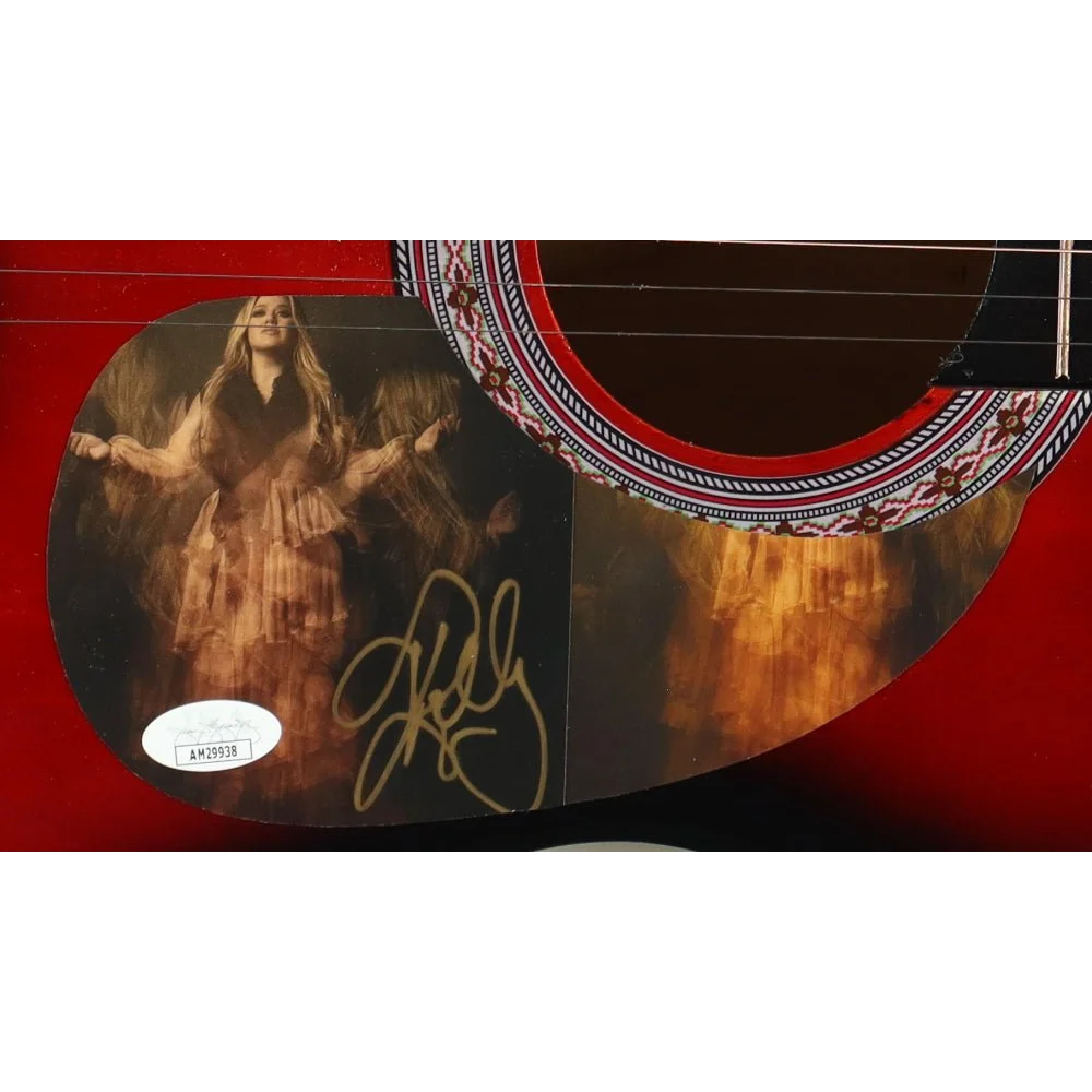 Red acoustic guitar with signed pickguard from Kelly Clarkson signed collectible display