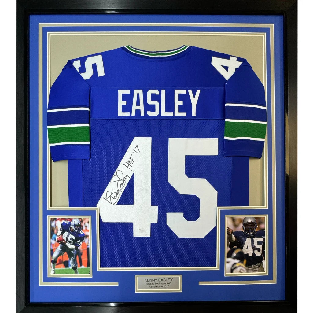 Framed signed Kenny Easley Seattle Seahawks jersey with player photos and plaque