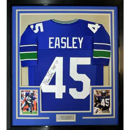 Framed signed Kenny Easley Seattle Seahawks jersey with player photos and plaque
