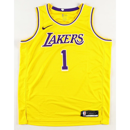 Yellow Lakers basketball jersey with number 1, signed by Kentavious Caldwell-Pope