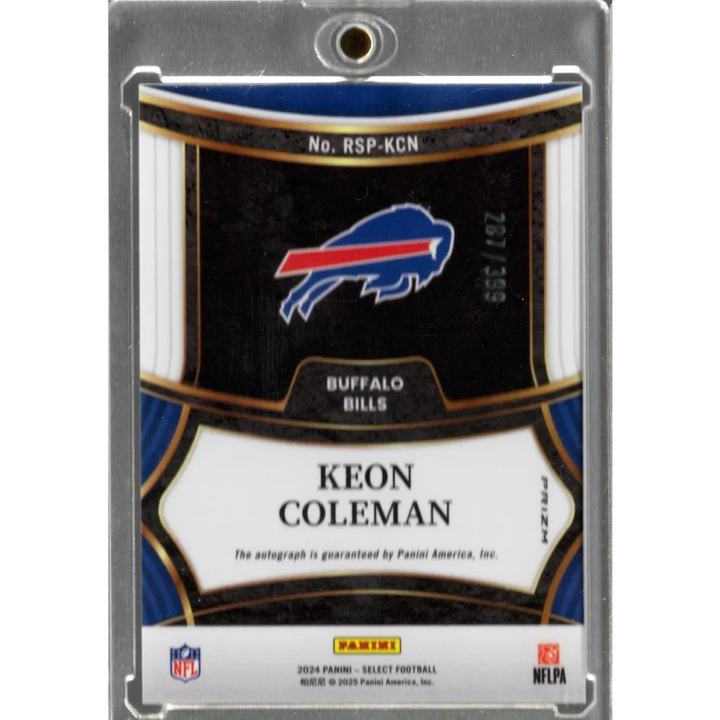 Autographed Keon Coleman Buffalo Bills football card with authentication displayed