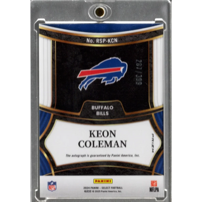 Autographed Keon Coleman Buffalo Bills football card with authentication displayed