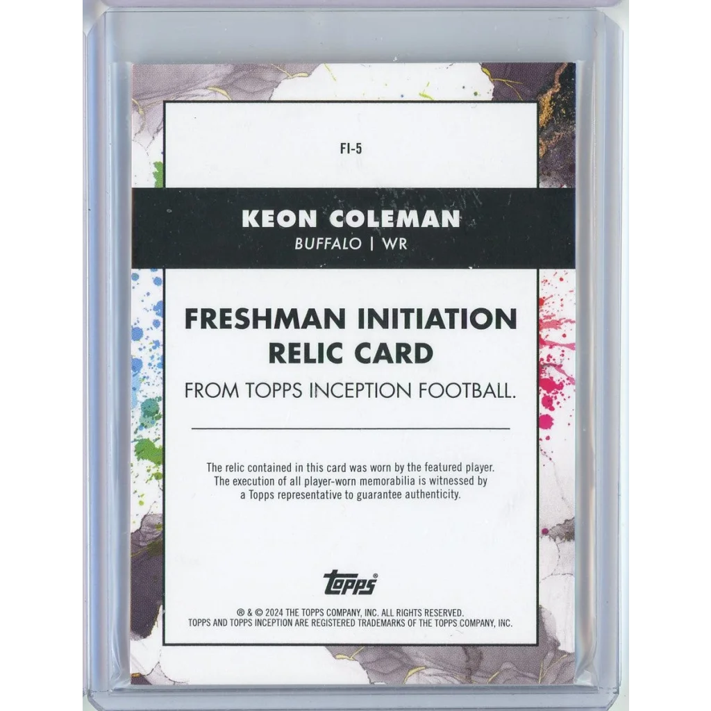 Keon Coleman Freshman Initiation Relic Card with Jersey Swatch from Topps Inception Football