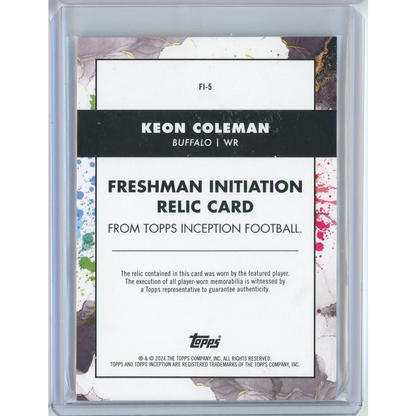 Keon Coleman Freshman Initiation Relic Card with Jersey Swatch from Topps Inception Football