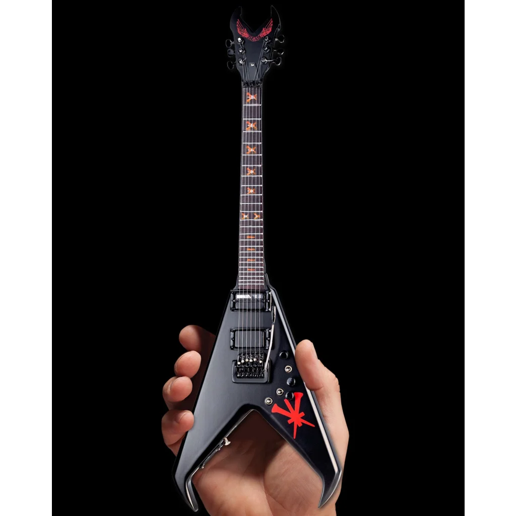 Black and silver Dean electric guitar with red accents on Axe Heaven® adjustable A-frame stand