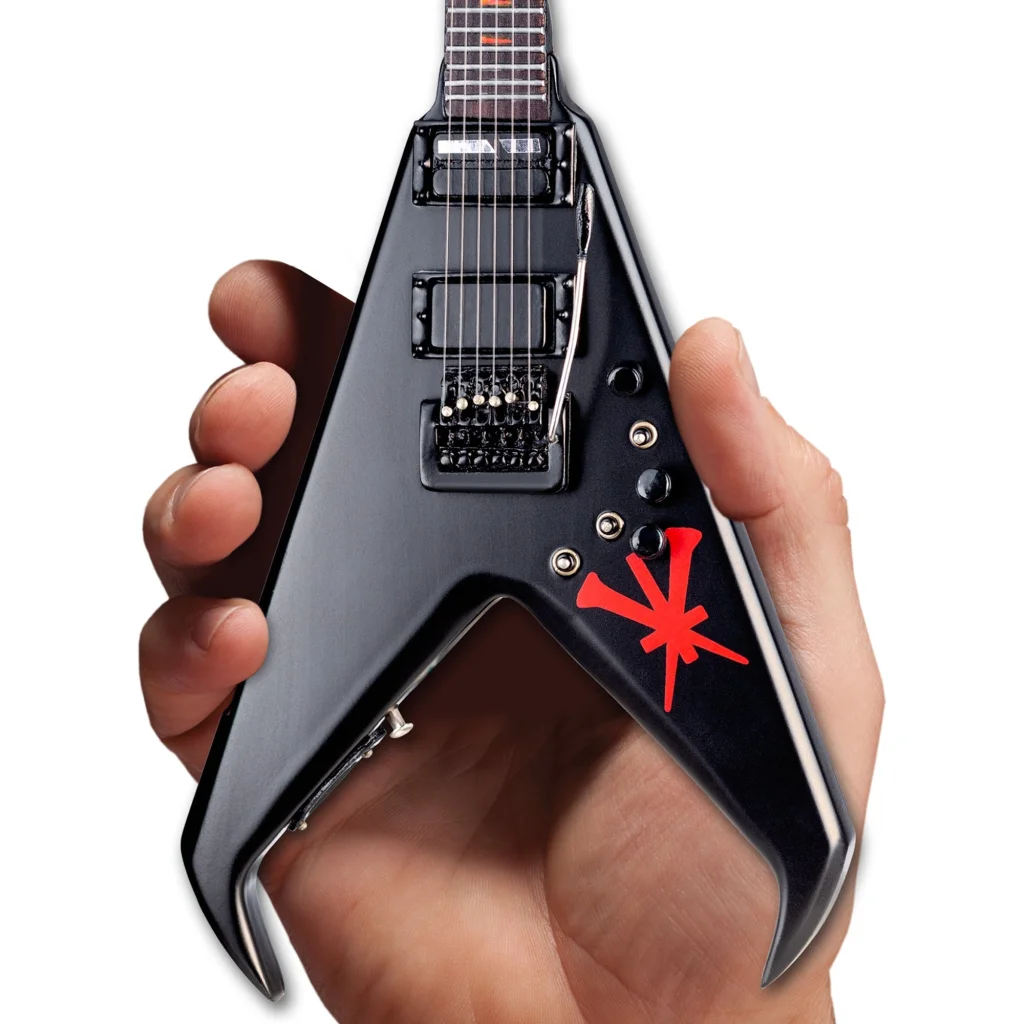Black Jackson guitar with red star on Axe Heaven® mini set and adjustable A-frame stand