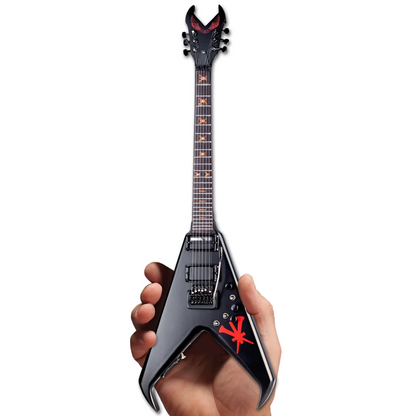 Black Jackson V guitar with red flame accents on Axe Heaven® stand