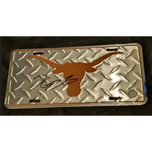 Silver diamond plate Texas Longhorns license plate with Kevin Durant signed autograph
