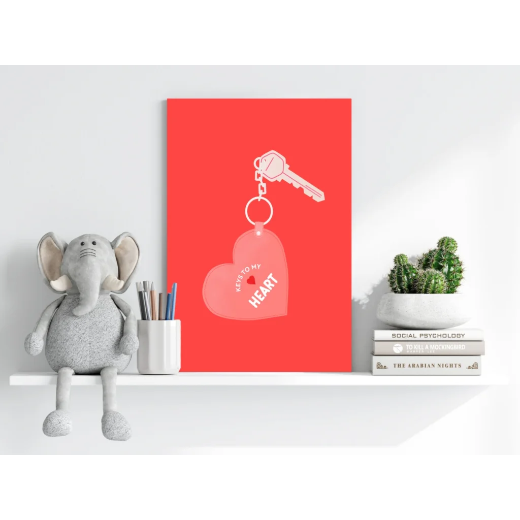 Pink heart keychain with keys to my heart on insigne aluminum print