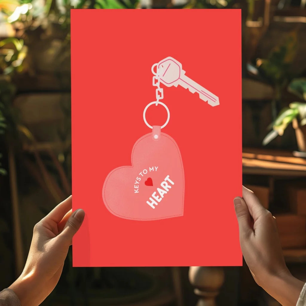 Translucent pink heart keychain with key on insigne aluminum print