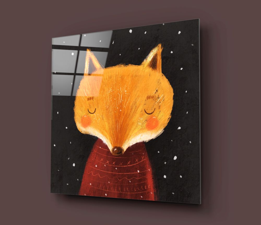 Smiling Orange Fox Starry Night Glass Wall Art