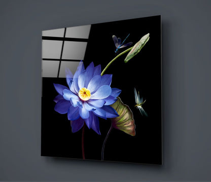 Blue Lotus and Dragonflies Flower Glass Wall Art