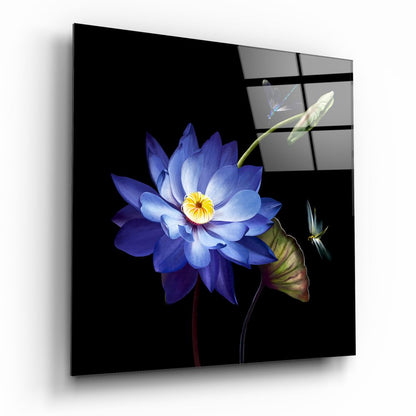 Blue Lotus and Dragonflies Flower Glass Wall Art