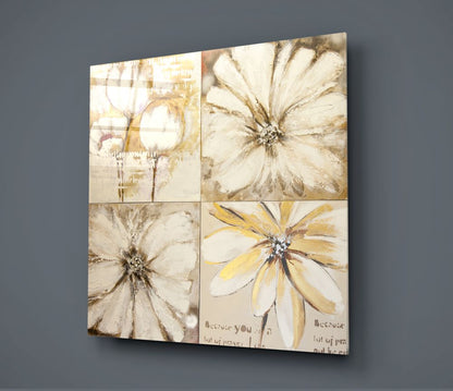White Gold Floral Four Panel Glass Wall Art