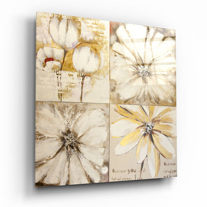 White Gold Floral Four Panel Glass Wall Art