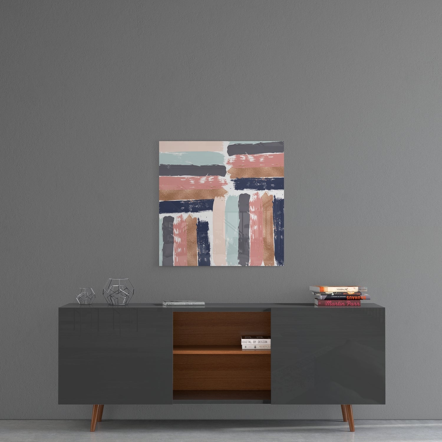 Abstract glass wall art with horizontal and vertical striped brush marks in coral, navy, tan, and pale blue hung above a mid-century modern credenza.