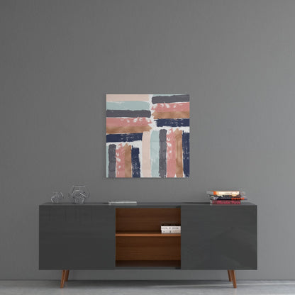 Abstract glass wall art with horizontal and vertical striped brush marks in coral, navy, tan, and pale blue hung above a mid-century modern credenza.