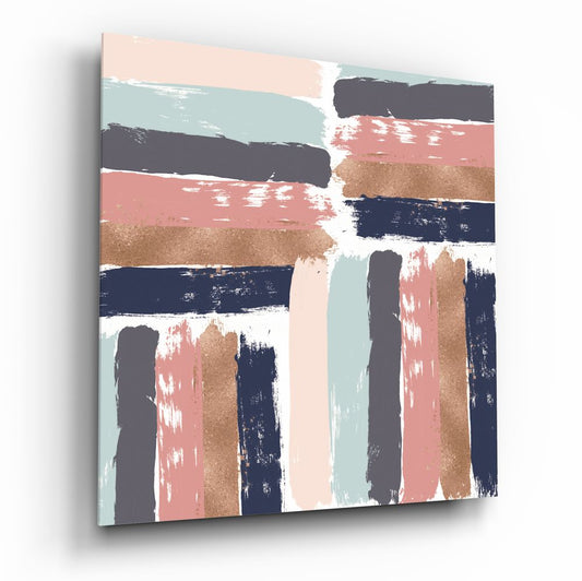 Glass wall art panel featuring horizontal and vertical brushstrokes in navy, coral, tan, mint, charcoal, and white, displayed at an angle.