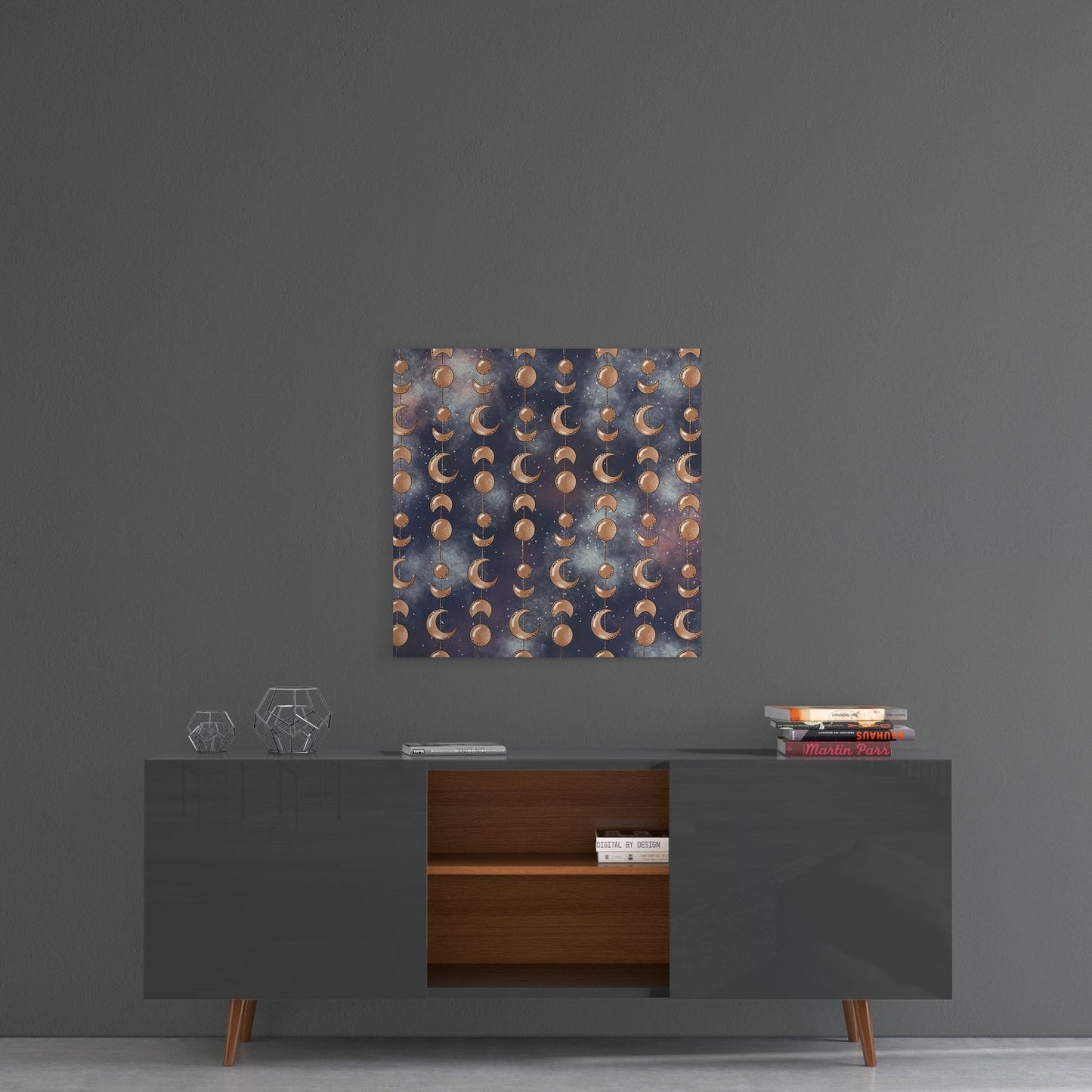 Moon Phrases glass wall art with copper moons and circles on dark blue background, displayed above mid-century modern console table.
