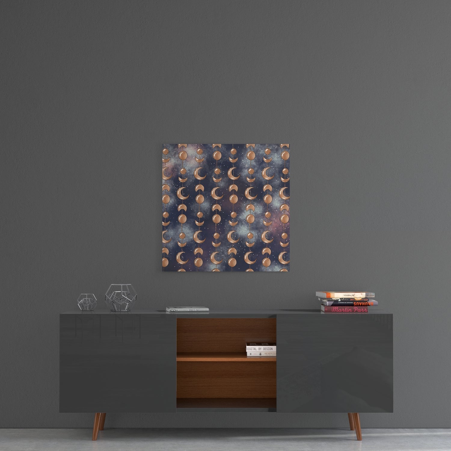 Moon Phrases glass wall art with copper moons and circles on dark blue background, displayed above mid-century modern console table.