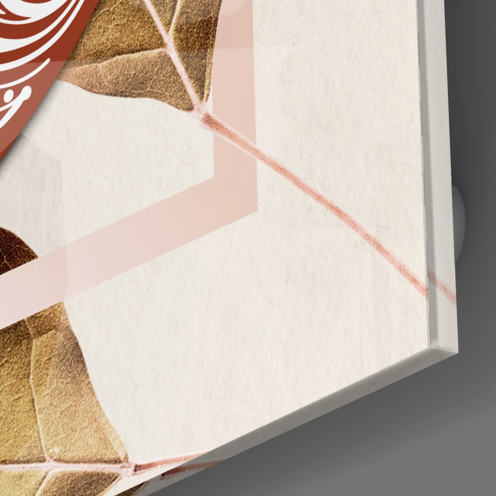 Close-up angled view of glass art edge showing textured gold leaves, pink brushstrokes, and cream background with red patterned border visible.
