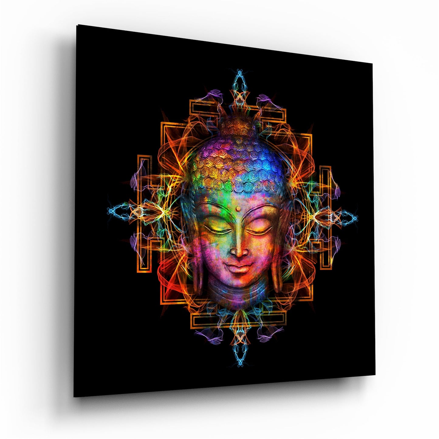 Rainbow Mandala Buddha Head Glass Wall Art