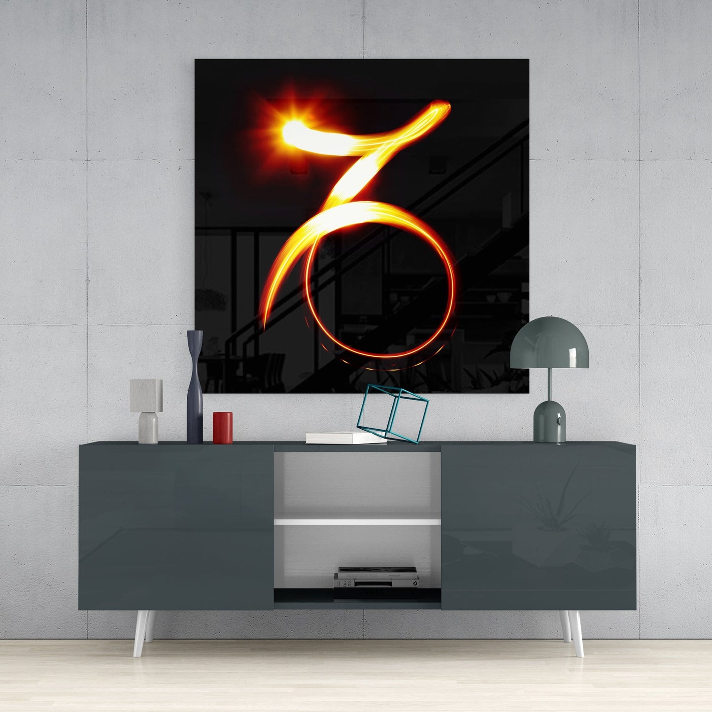 Glowing Fire Trail Capricorn Symbol Glass Wall Art