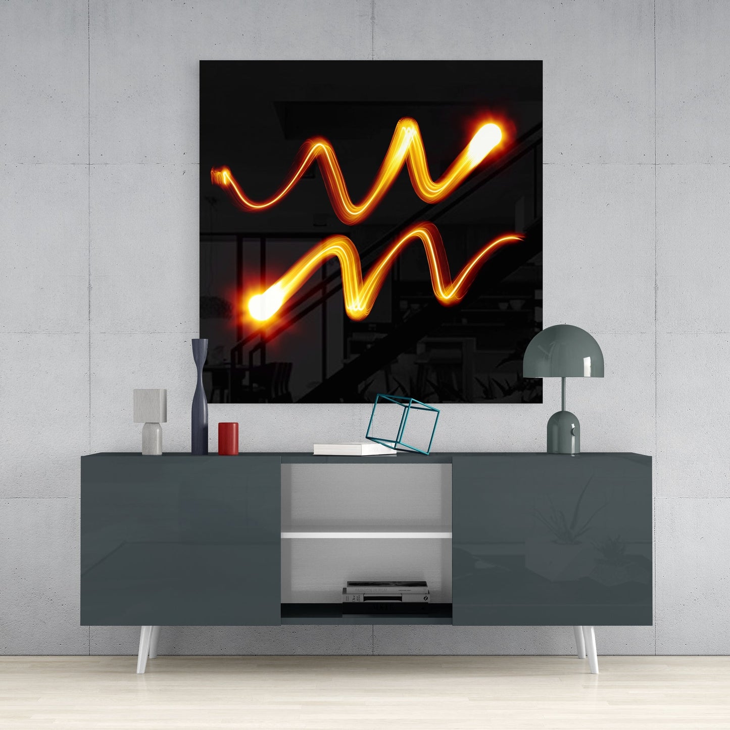 Golden Light Waves Aquarius Symbol Glass Wall Art