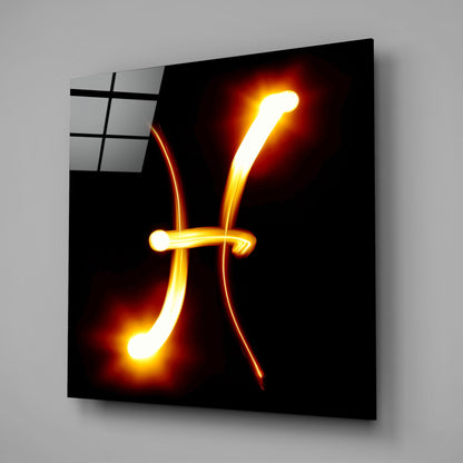 Glowing Flame Streak Pisces Symbol Glass Wall Art