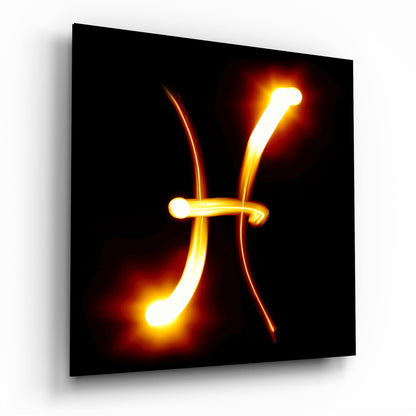 Glowing Flame Streak Pisces Symbol Glass Wall Art
