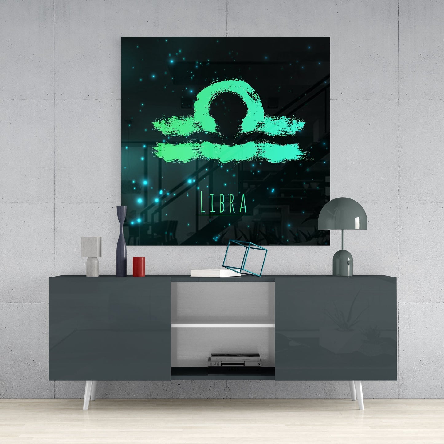 Teal Brushstroke Starry Night Libra Glass Wall Art