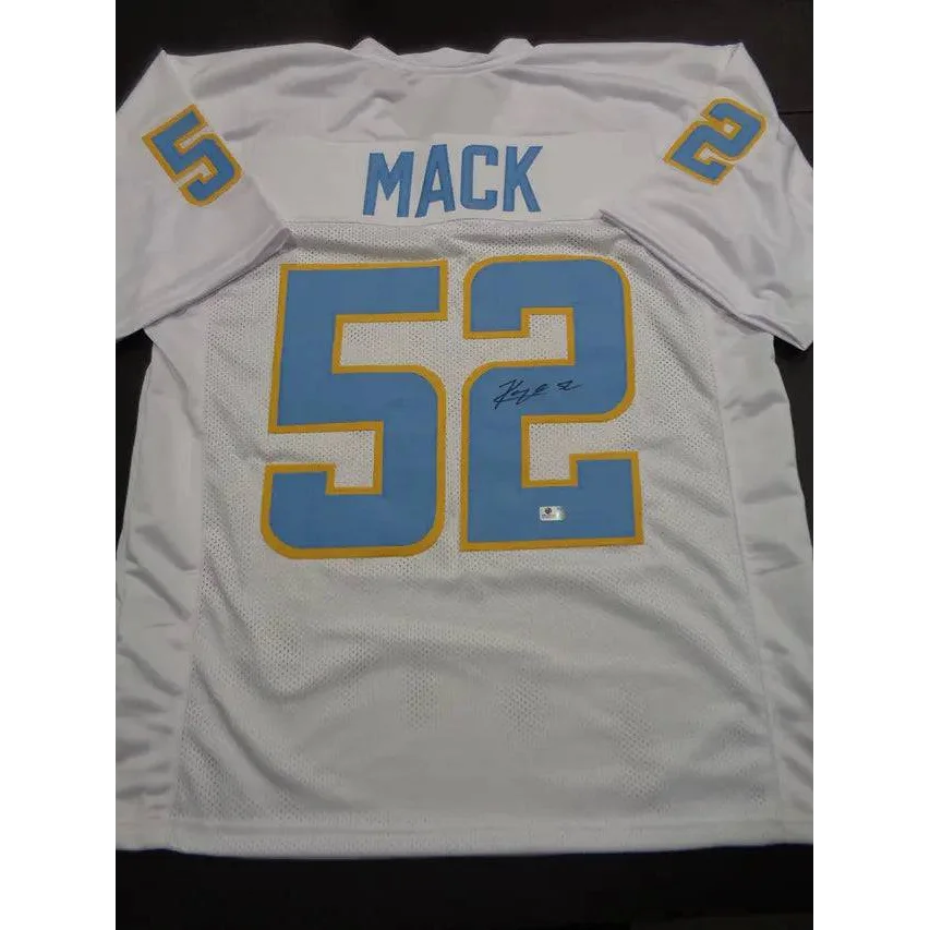 White Khalil Mack custom football jersey with 52 and light blue yellow trim