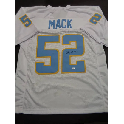 White Khalil Mack custom football jersey with 52 and light blue yellow trim
