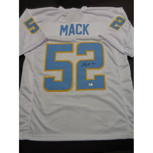 White Khalil Mack custom football jersey with 52 and light blue yellow trim
