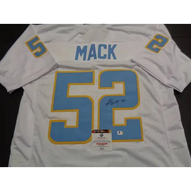 Autographed khalil mack custom football jersey with white base and light blue yellow trim