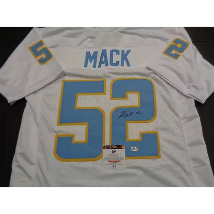 Autographed khalil mack custom football jersey with white base and light blue yellow trim