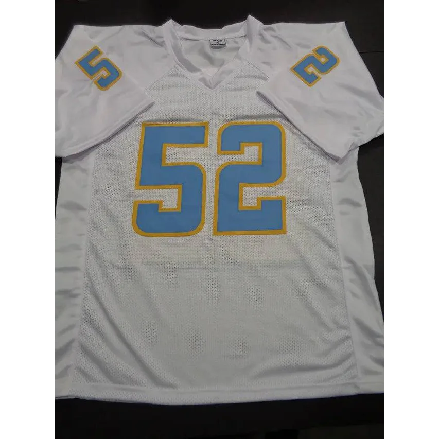 White Khalil Mack custom football jersey with light blue and yellow 52 autograph