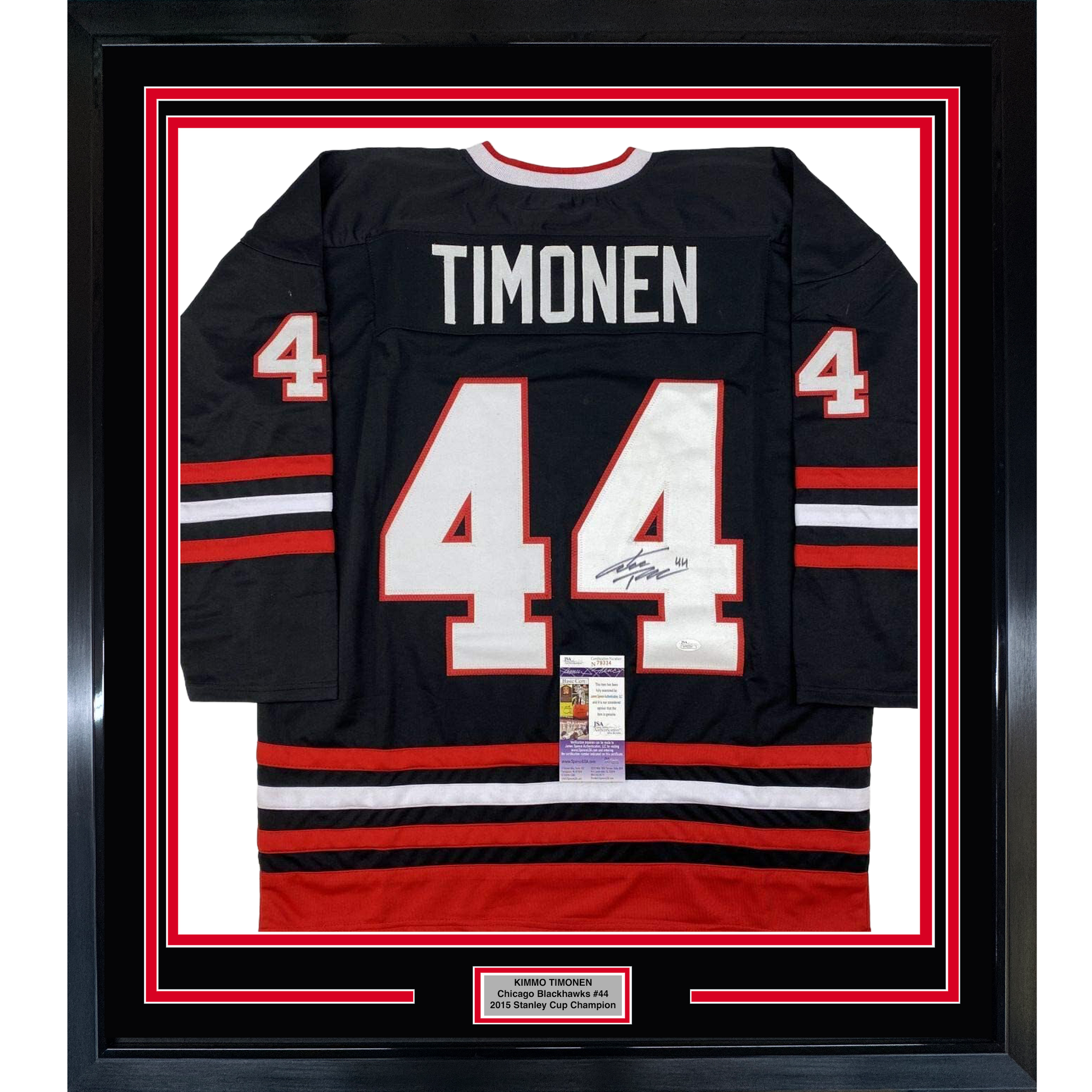 Black Chicago Blackhawks jersey number 44 with "TIMONEN" nameplate, signed, displayed in red-bordered frame with authentication certificate.
