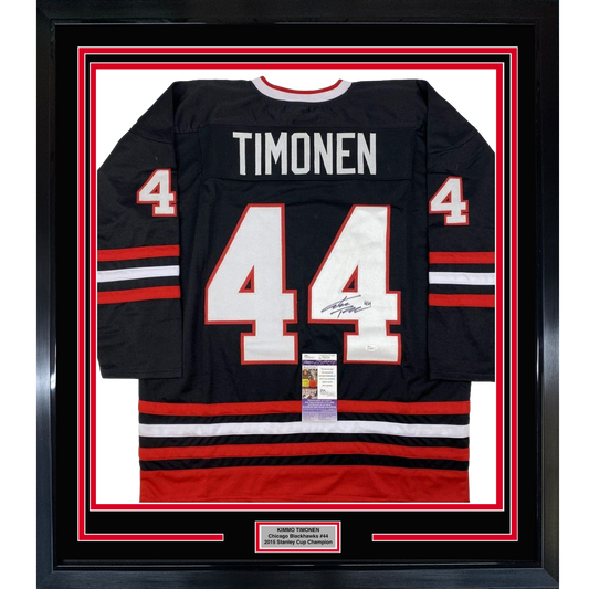 Black Chicago Blackhawks jersey number 44 with "TIMONEN" nameplate, signed, displayed in red-bordered frame with authentication certificate.