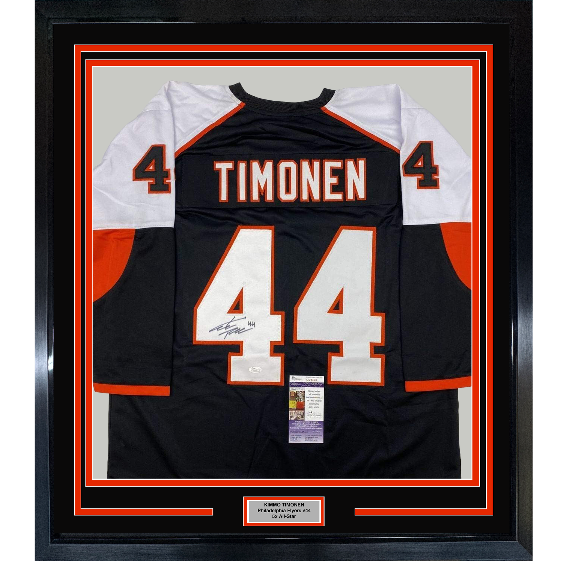 Framed black Philadelphia Flyers jersey number 44 with "TIMONEN" nameplate, signed, displayed flat against white and orange matting with JSA authentication certificate visible at center bottom.