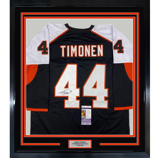 Framed black Philadelphia Flyers jersey number 44 with "TIMONEN" nameplate, signed, displayed flat against white and orange matting with JSA authentication certificate visible at center bottom.