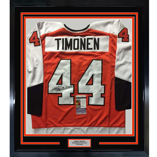 Framed Autographed/Signed Kimmo Timonen 35x39 Philadelphia Orange Hockey Jersey JSA COA