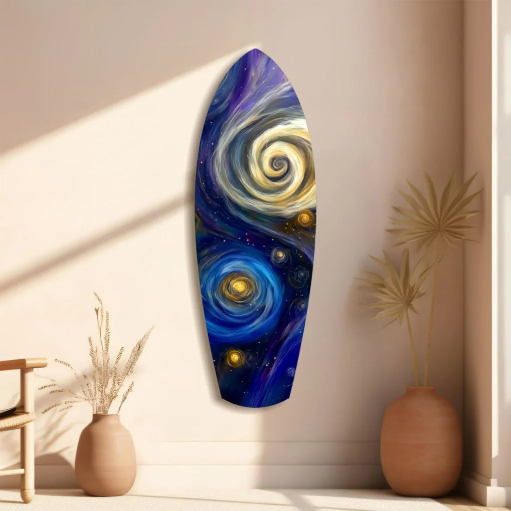 Vibrant cosmic surfboard tempered glass art with swirling galaxy design