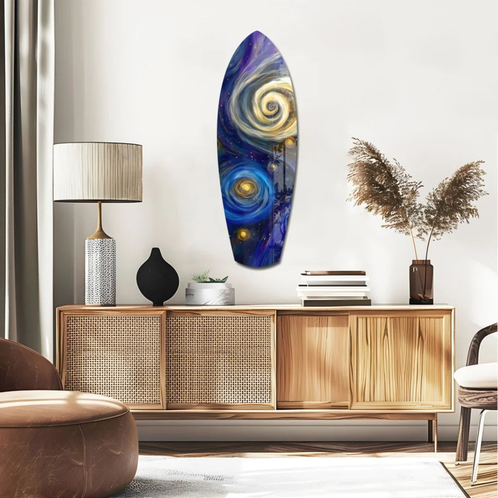 Vibrant cosmic surfboard tempered glass art with swirling galaxy design